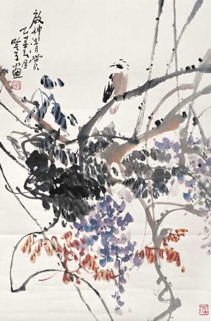 宋吟可 乙丑（1985年）作 紫藤鸟 立轴